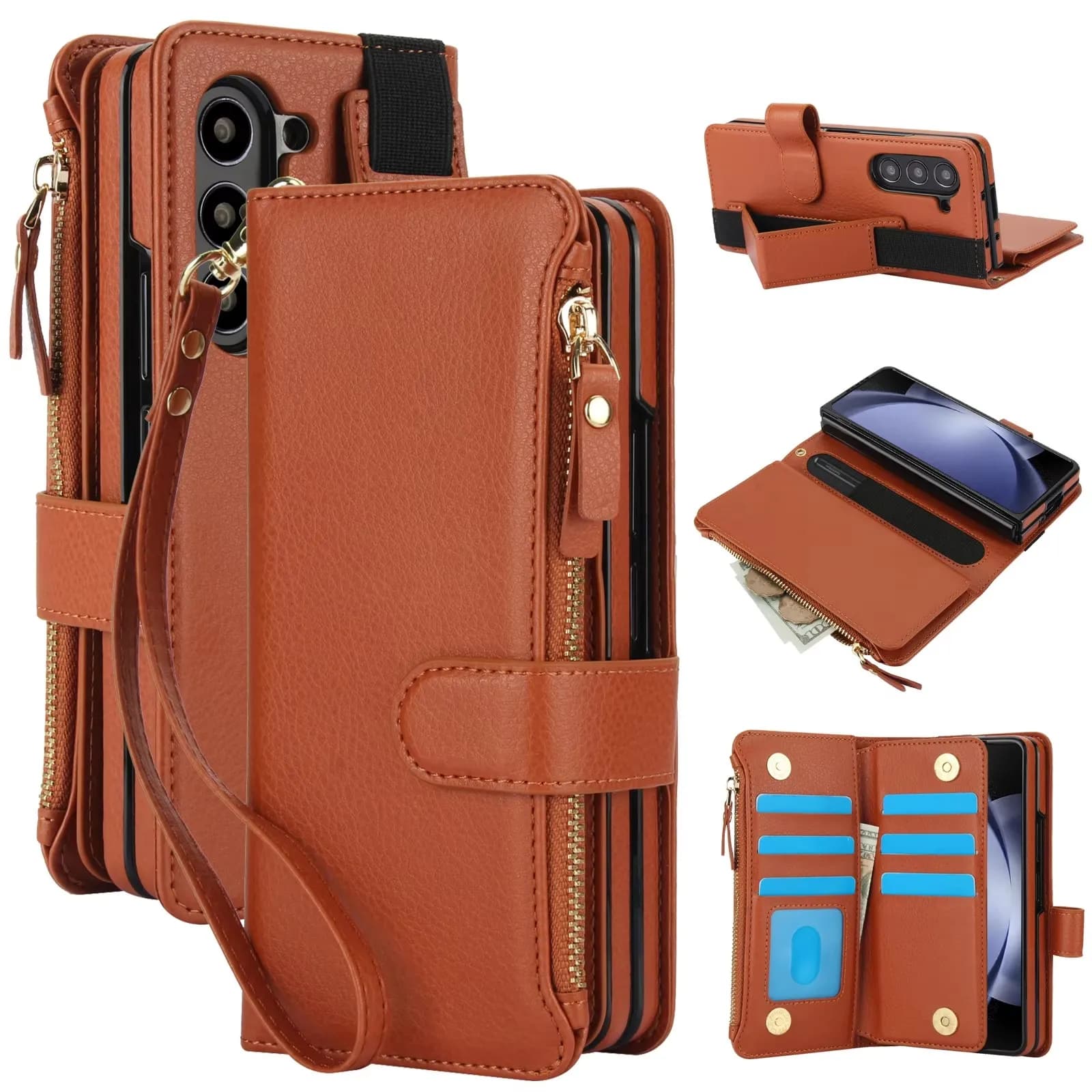 Portafoglio multifunzionale con cerniera cinturino elastico per Samsung Galaxy Z Fold 7 6 5 4 3 Custodia con slot per penna Custodia antiurto in pelle