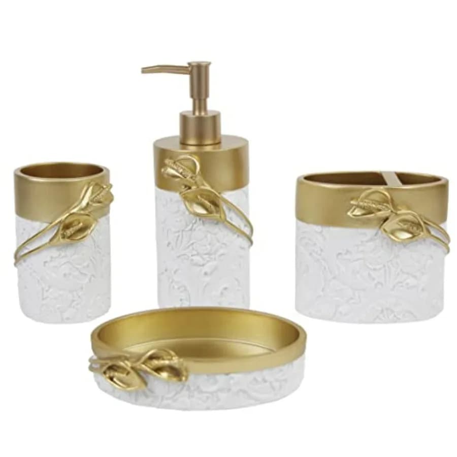 Set di accessori da bagno dal design dorato con materiali in resina in stile fattoria Porta spazzolino da 4 pezzi Dispenser di sapone Di