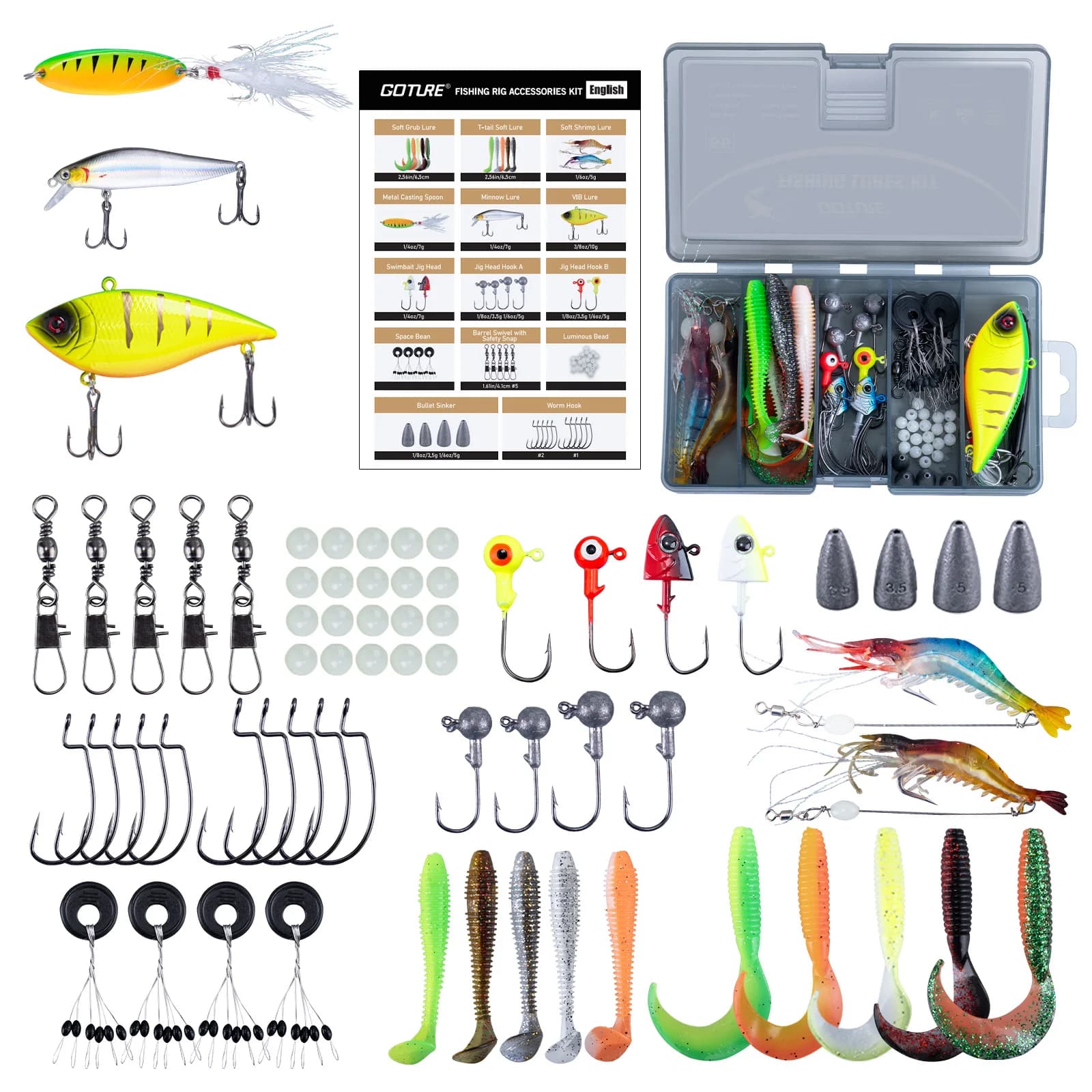Kit di esche artificiali Goture, esche morbide + esche rigide con scatola per attrezzatura, 6 tipi di righe per acqua salata e dolce, accessori per la pesca