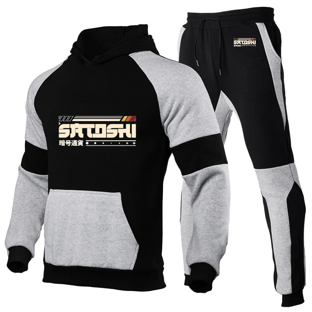 Men's Casual 2026 suit with Satoshi and Crypt Graphic Printing, Hoodie and Patchwork Pants, Harajuku Style, New Autumn Spring Collection