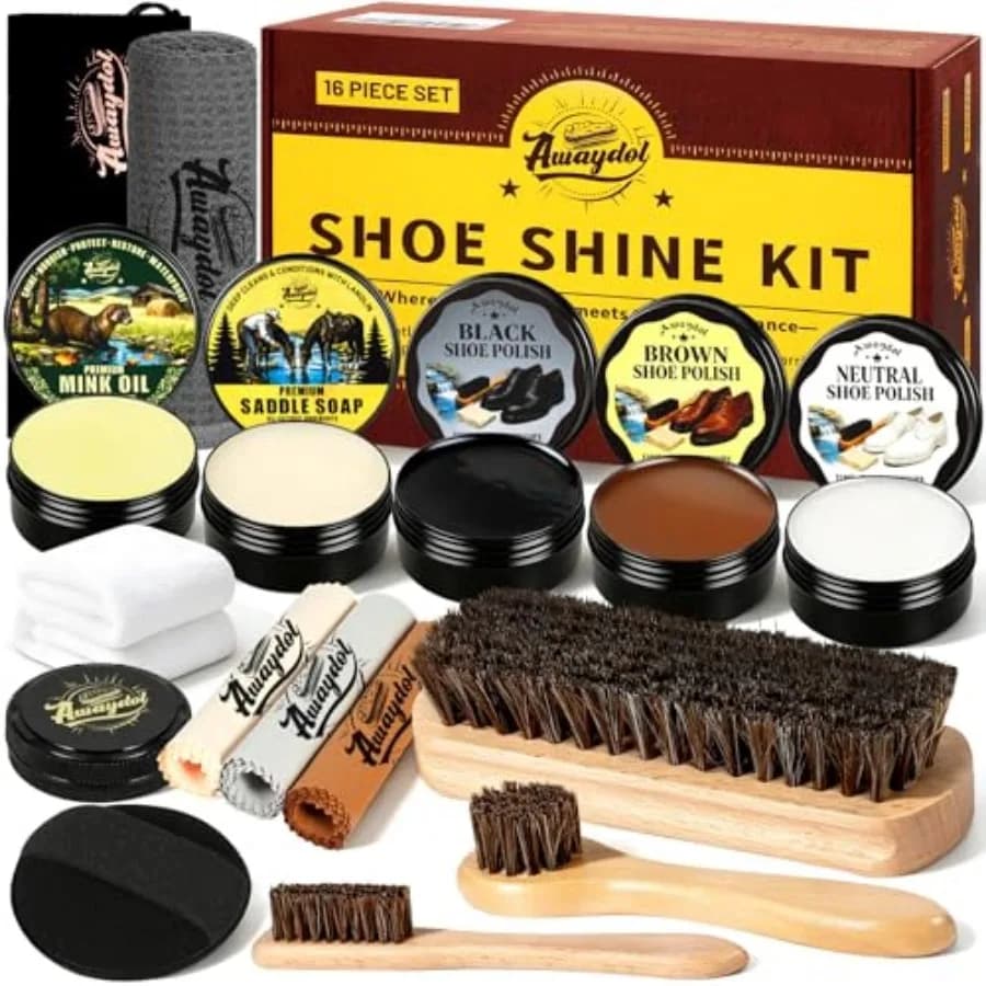 Shoe Shine Kit 16-in-1 Leather Shoe Polish Kit with Saddle Soap, Mink Oil, Black/Brown/Neutral Shoe Polish, Horsehair Brushes,