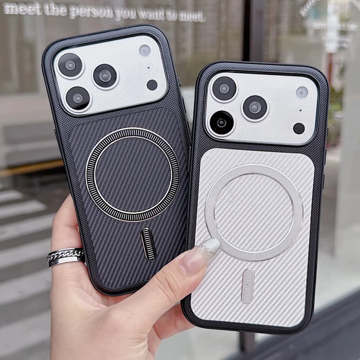 Carbon Fiber PU Leather Texture For Magsafe Magnetic Case For iPhone 18 17 16 15 14 13 Pro Max Hybrid Bumper Armor Phone Cover