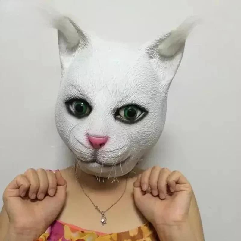 Cute Realistic White Cat Halloween Adult Full Face Latex Masquerade Personality Cosplay Party Black Mask NM31