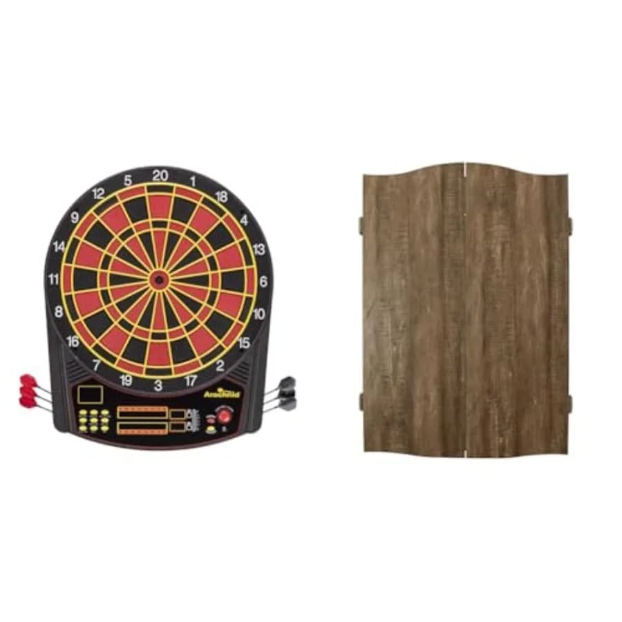 Cricket Pro 450 Tavolo da freccette elettronico per uso domestico e in pub, mobile in legno di noce marrone, superficie con punta in acciaio antigraffio, incl