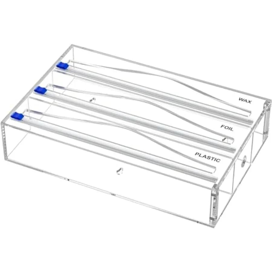 Tin Foil Organizer for Drawer with 12 Labels, Plastic Wrap Dispenser with Cutter, 3 in 1 Acrylic Aluminum Foil Holder, 2 Drawer