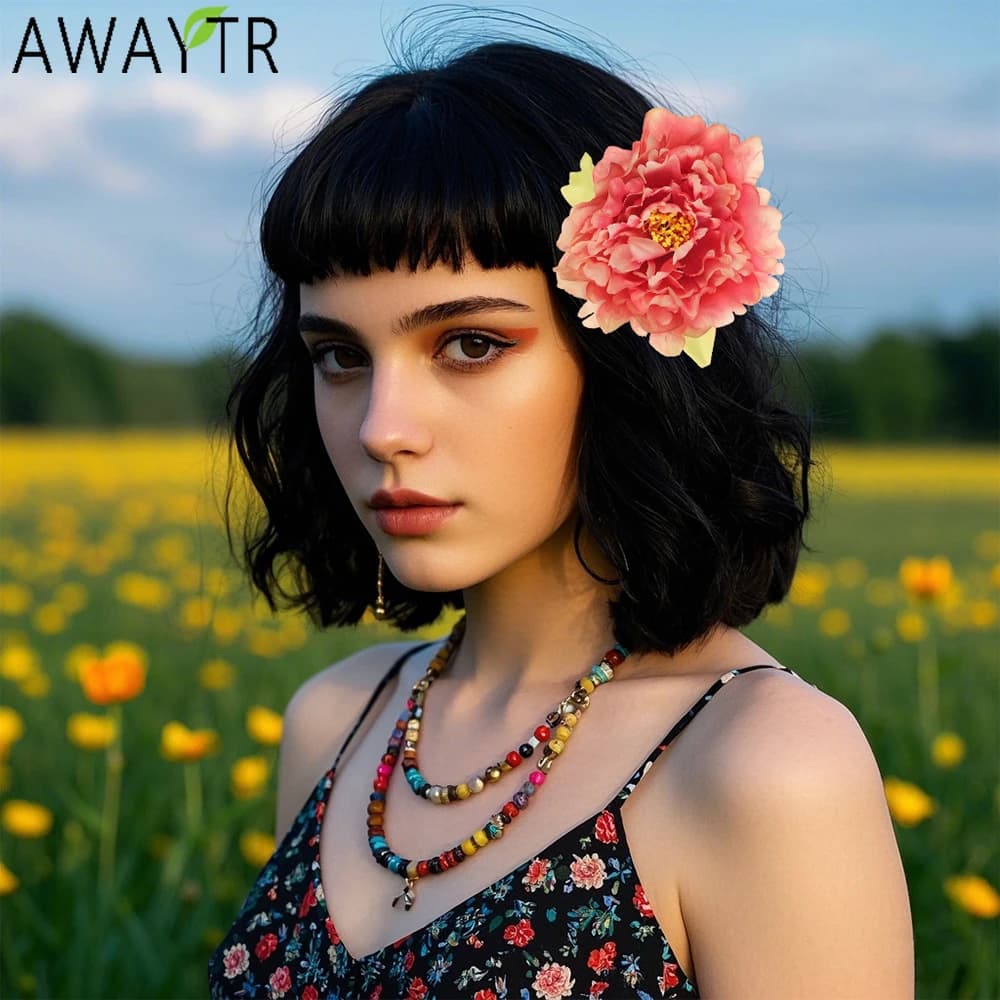 AWAYTR Silk Peony Forklift fork Artificial floral hair clip Valentine's Day Hair Accessories for girl Festival Gift