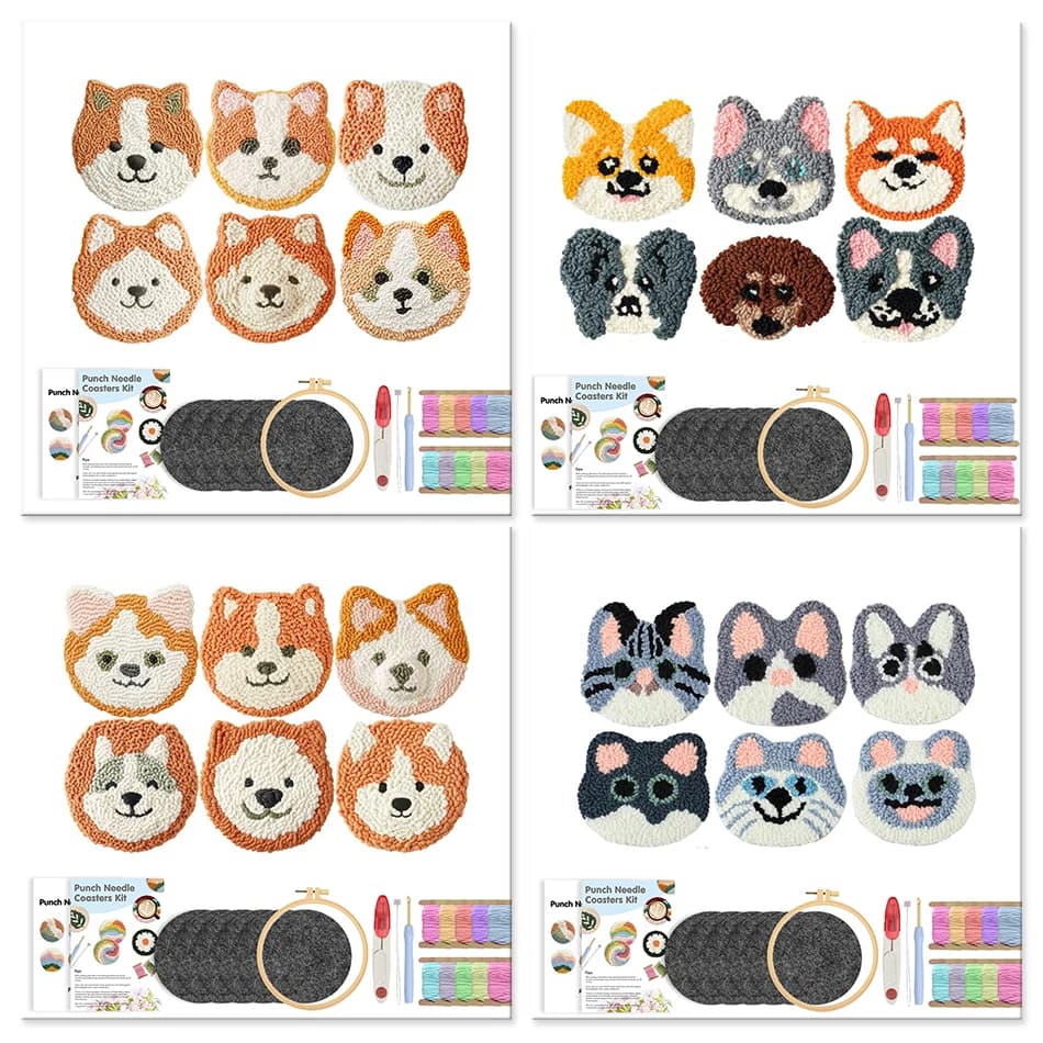 Punch Needle Coasters Kit for Beginners 6pcs Dog DIY Set Tufted Rug Pads with Adhesive Felt Yarns Embroidery Hoop Instruction