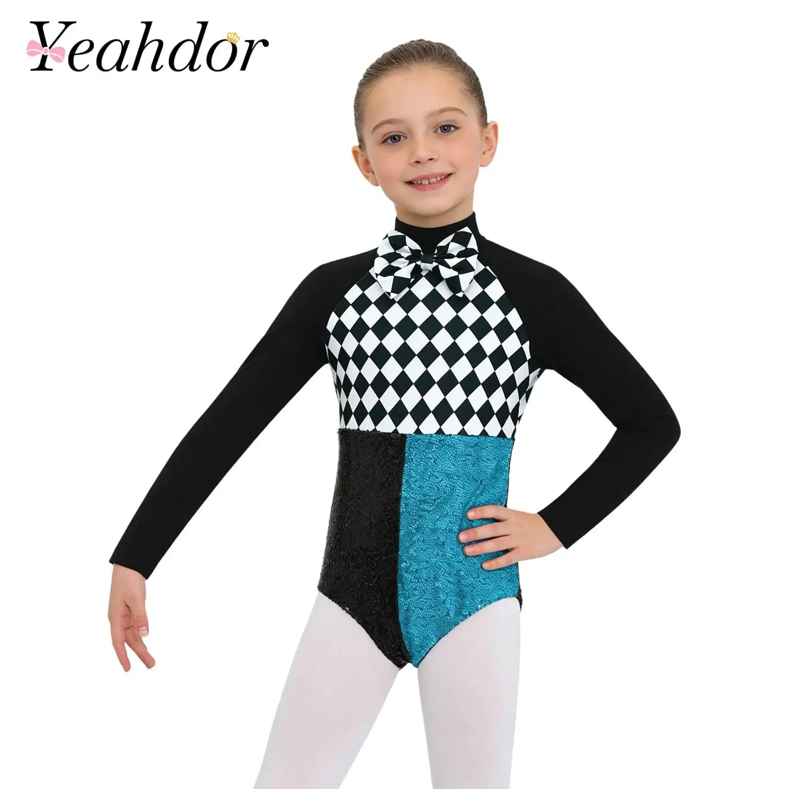 Costume da Clown Pazzo per Bambine, Tuta per Travestimento di Halloween, Body con Paillettes Lucide a Scacchi per Cosplay da Giullare Malvagio