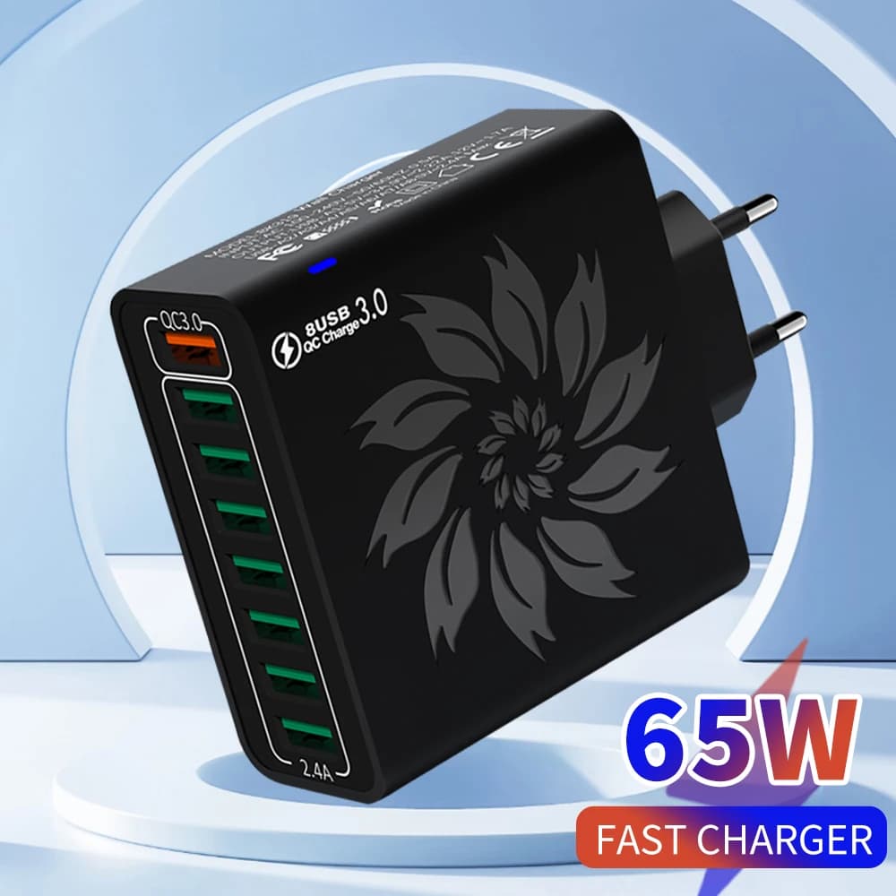 8 in 1 USB QC 5.0 Charger Fast Charging EU/US/KR Plug 65W Quick Charge Power Adapter For iPhone 15 Xiaomi Samsung Travel Charger