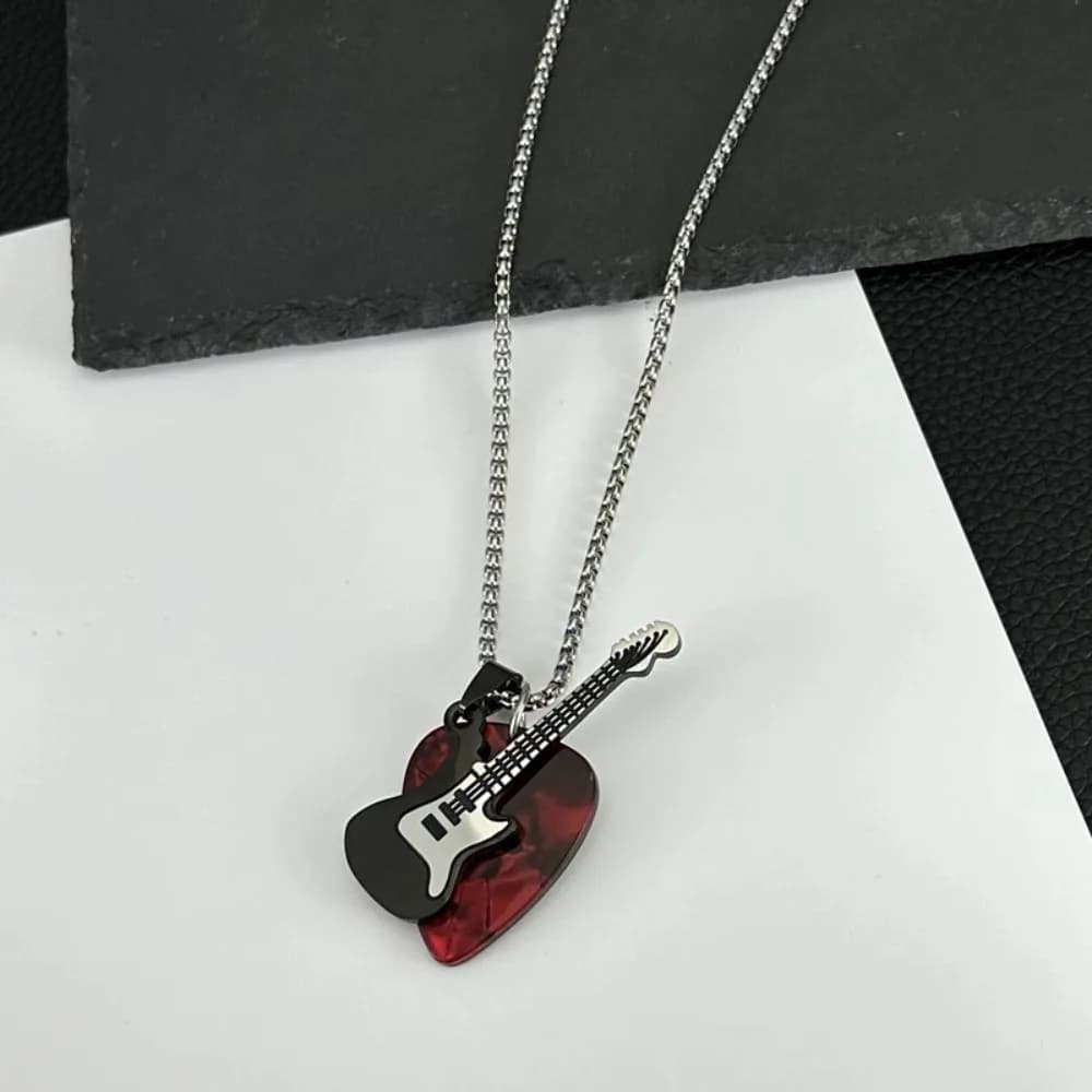 Hip-hop Guitar Pick Pendant Necklace Punk Trendy Guitar Chain Choker Titanium Steel Vintage Electric Guitar Sweater Chain Unisex
