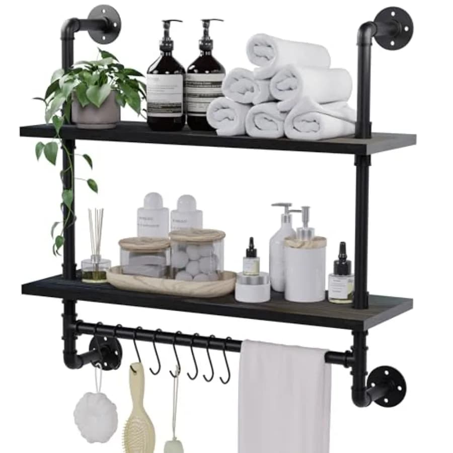 Mensole galleggianti per bagno e cucina, scaffalature industriali in tubi metallici neri, larghezza 24 pollici con ganci integrati per asciugamani.