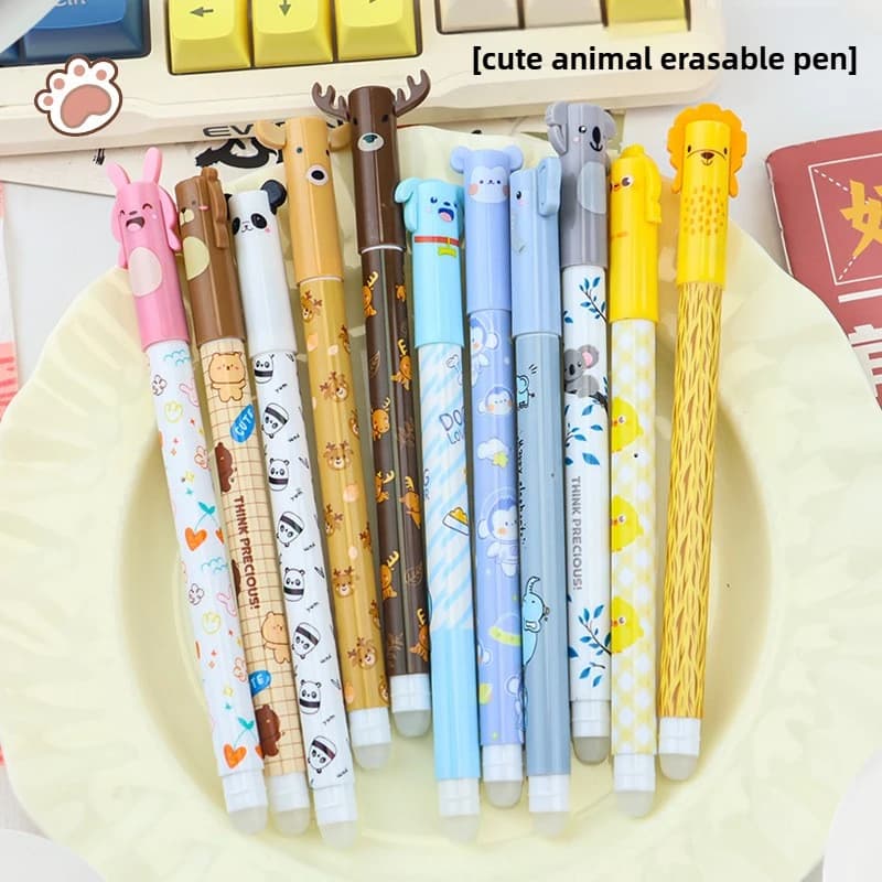 Set di 12 Penne Cancellabili con Punta a Ago, Design Cartoonesco con Piccoli Animali, Inchiostro Blu Cristallino