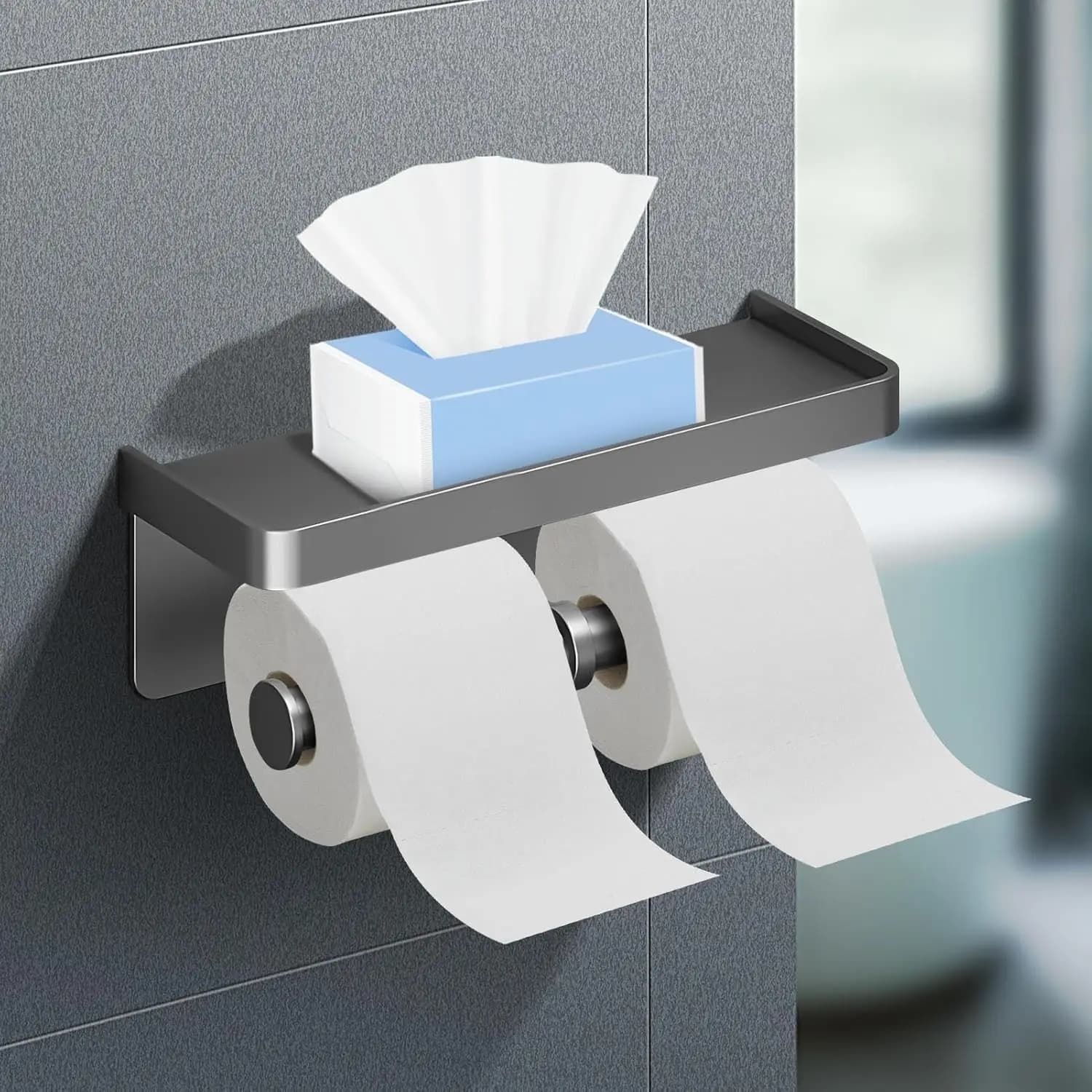 Porta carta igienica Multifunzionale Con lo scaffale Porta del rotolo di carta igienica Alluminio spaziale Distributore di tessuti rotoli per Bagno Magazzinaggio