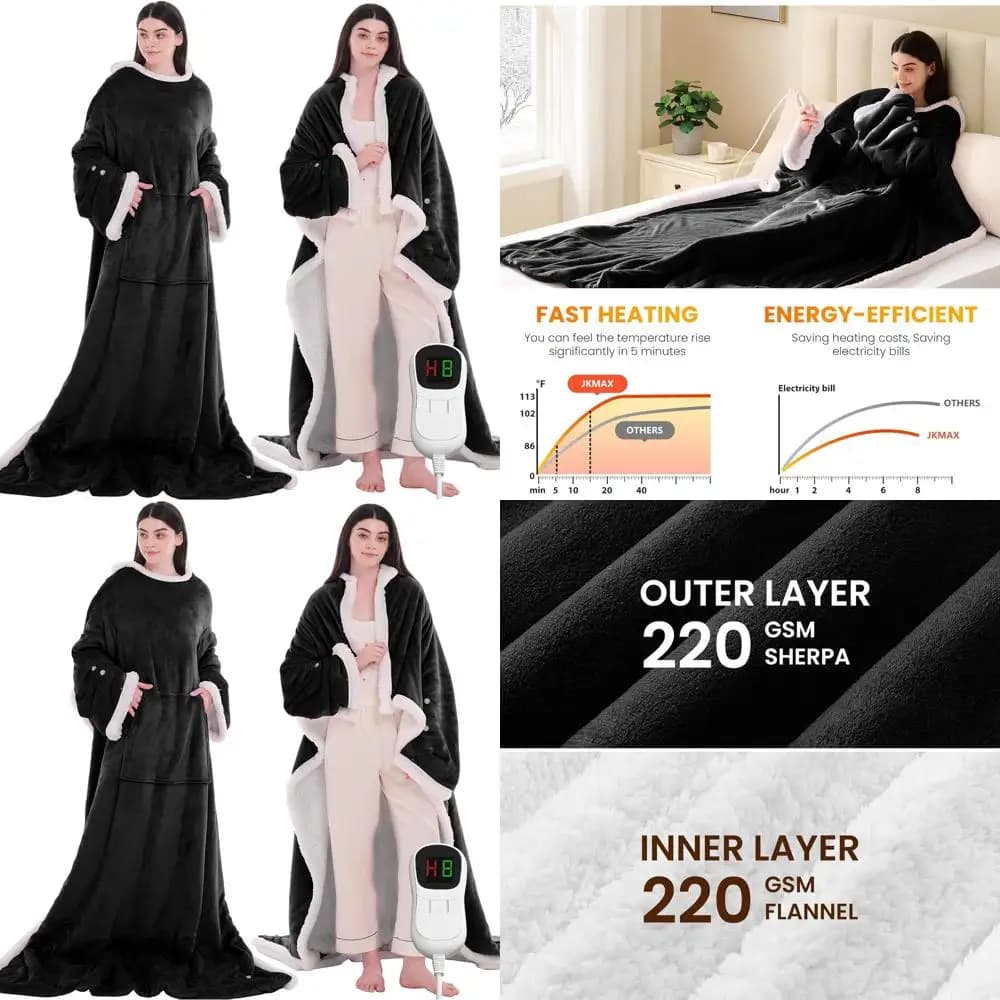Coperta Riscaldante Indossabile a 10 Livelli di Regolazione con Maniche e Tasche per Piedi per Adulti - Accappatoio in Flanella Nero (127x190 cm)