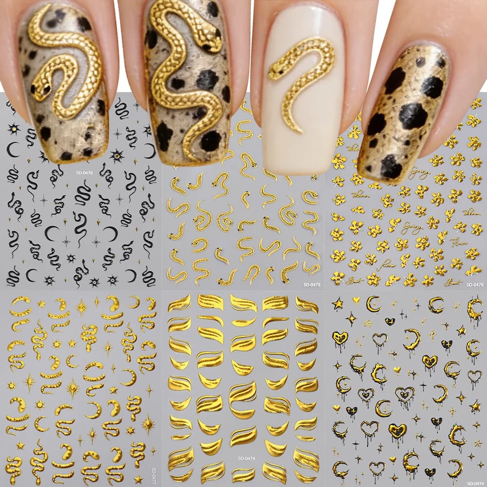 5D Bronzing Snake & Moon Heart Nail Art Stickers , Luxury Golden Ribbon & Flower Nail Decals 8*10cm Self Adhesive Nail Stickers