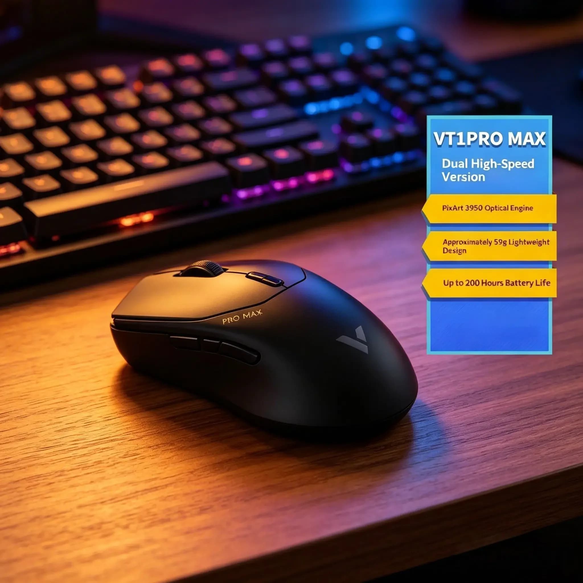 Mouse da Gaming Wireless Rapoo VT1PRO MAX, Ultra-Leggero 59g, Frequenza di Aggiornamento 8KHz, 30000DPI, 9 Pulsanti Programmabili