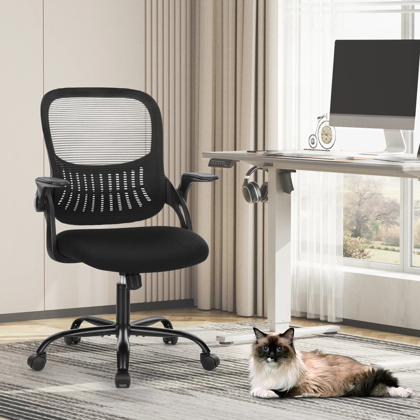JHK Sedia da scrivania ergonomica con schienale medio in rete con schienale centrale Sedia da gioco girevole con supporto lombare per computer con ruote per la casa