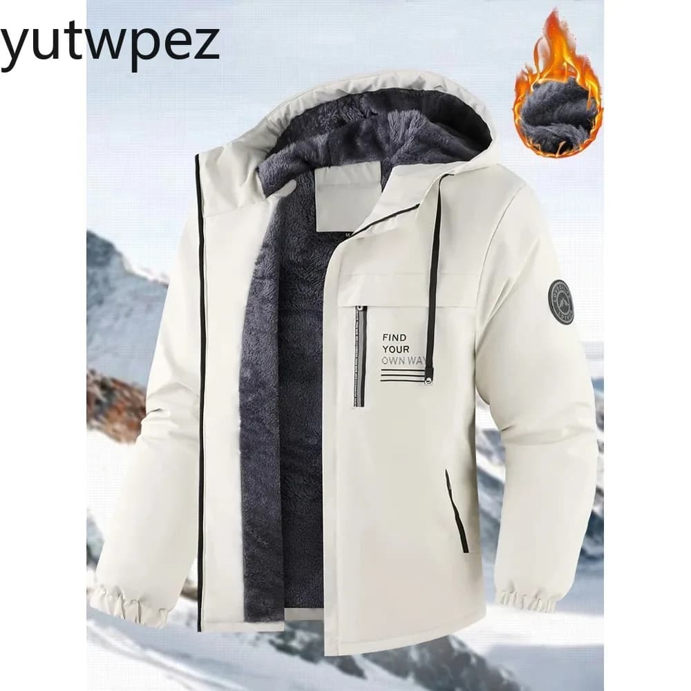 US Size Fleece Lined Winter Jacket Men Climbing Thick Hooded Coat Warm Parkas Loose Outdoor Hiking Sport Outwear Padded Overcoat