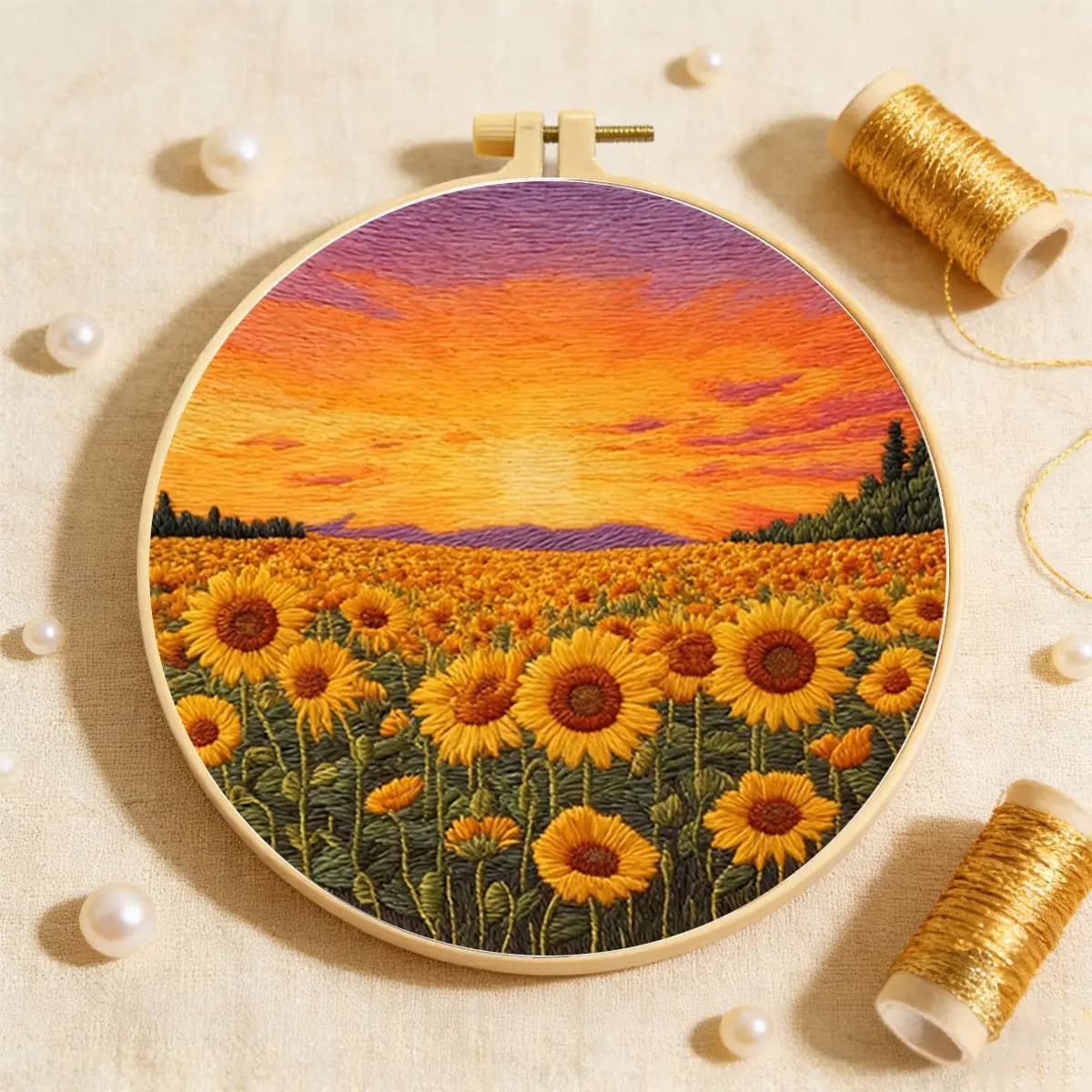 DIY Hand Embroidery Supply Kit, Sunflower Flower Field Pattern, Complete Needles & Premium Threads for Adult Home Decor