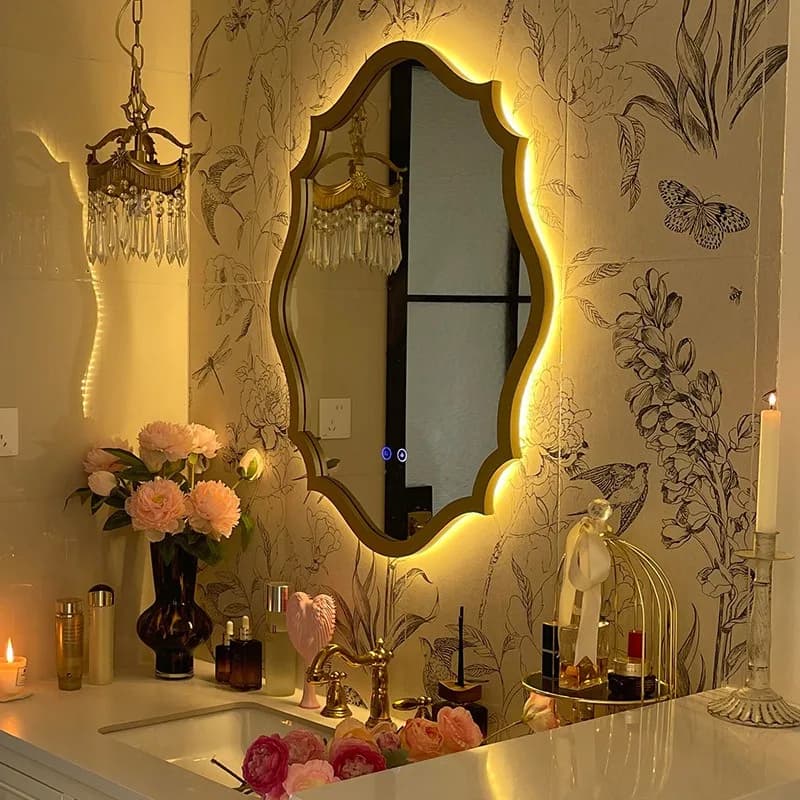 Specchio a forma speciale con luce di riempimento a parete per bagno, lavabo touch intelligente a LED luminoso in legno ovale francese