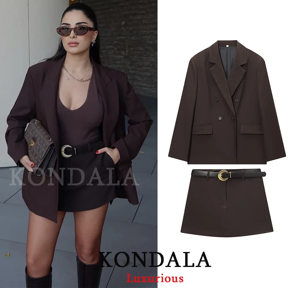 KONDALA Office Lady Marrone cioccolato Abiti da donna Scollo a V Doppio bottone Giacca con cintura Mini pantaloncini Gonna Moda 2025 Set vintage