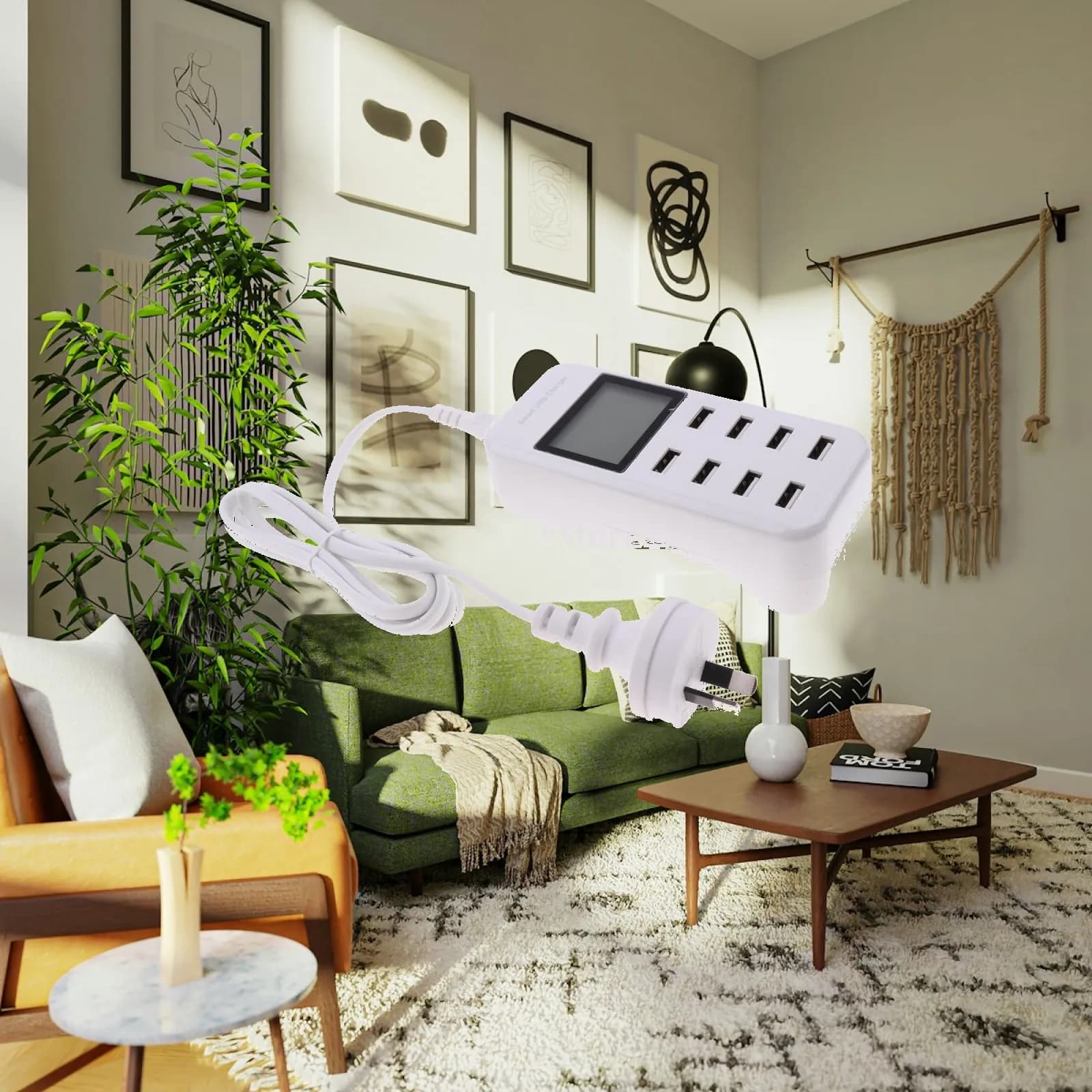 Power Adapter ABS USB Charger Multiple Port Fast Charging Hub with LCD Monitor for Home and Travel