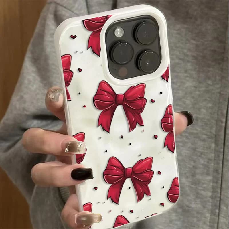 Phone case with white and red bow pattern for iPhone 11 12 13 14 15 16 17 Pro Max 16 Plus 17 Air 13, silicone shock cover