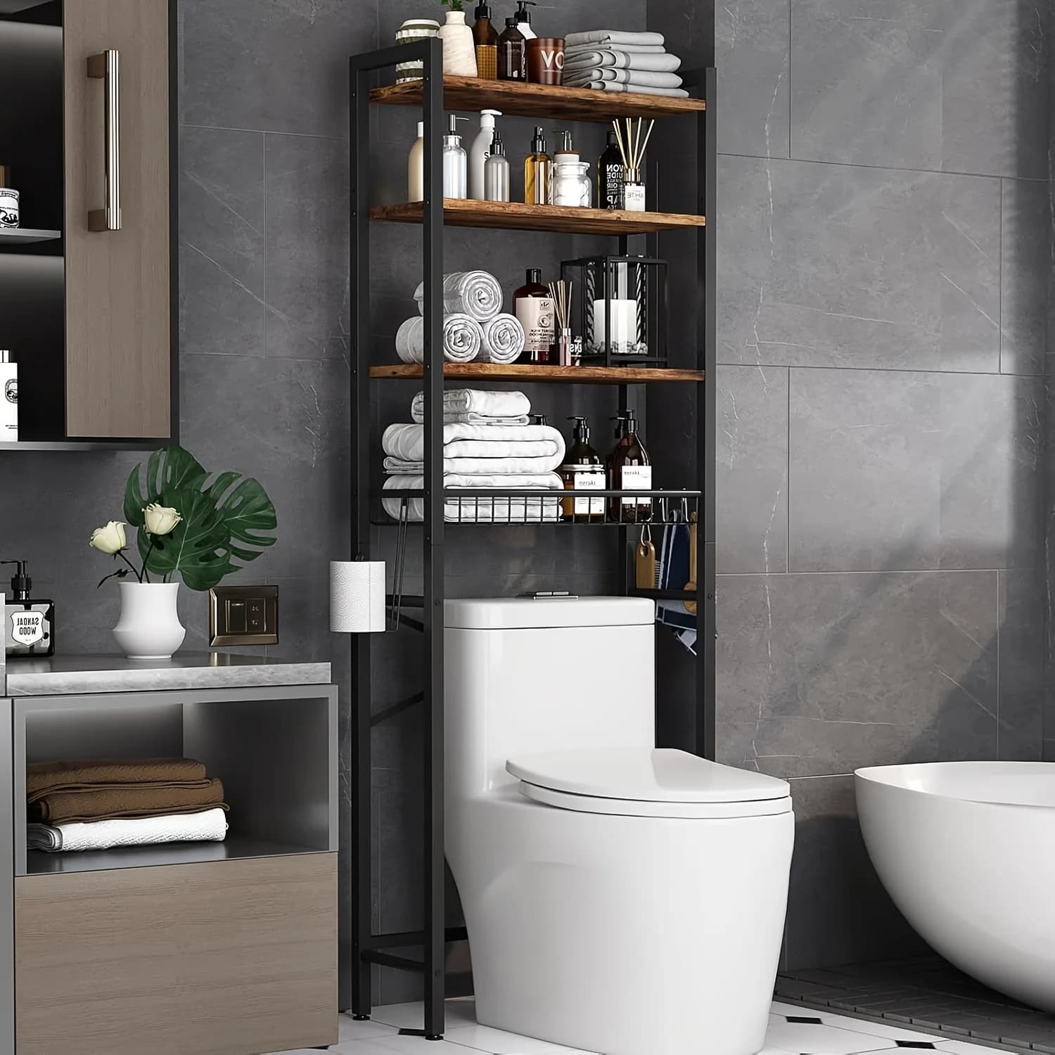 Scaffale organizer da bagno a 5 ripiani regolabile da posizionare sopra il WC | Mensola autoportante in ferro marrone con porta carta igienica e 4 ganci, finitura verniciata a spruzzo
