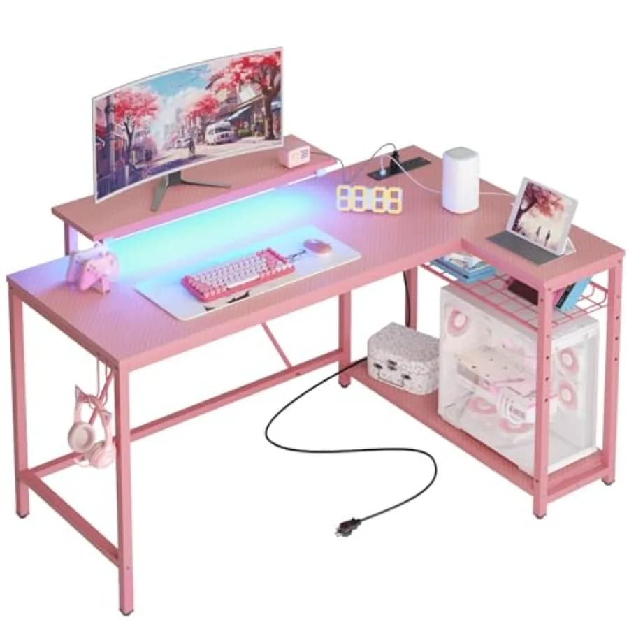 L-Shaped Gaming Desk with Charging and LED, Pink