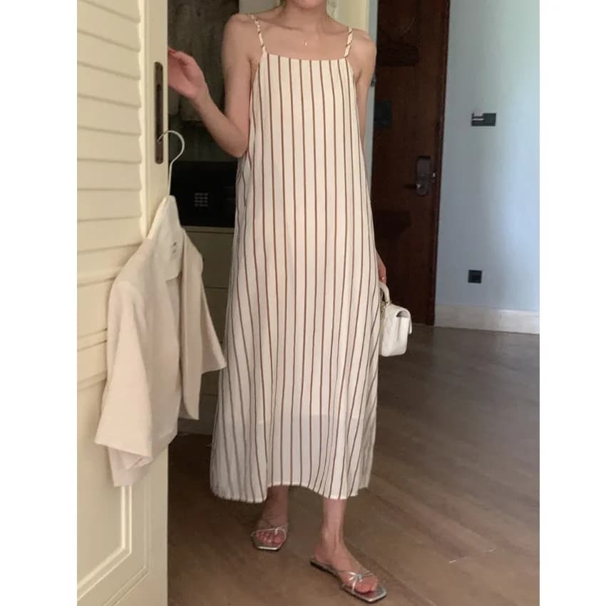 Laid-back Striped Sleeveless Strap Dress Short Style Korean Style Women's Casual Wear Spring Autumn Winter Seasonal Fashion