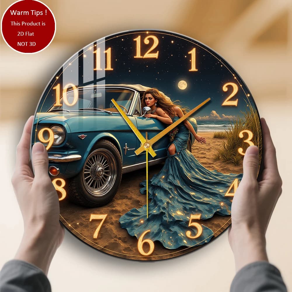 Orologio da parete in vetro temperato per auto d'epoca, elegante abito da spiaggia, notte al chiaro di luna, adatto per decorazioni murali o display da tavolo ovunque