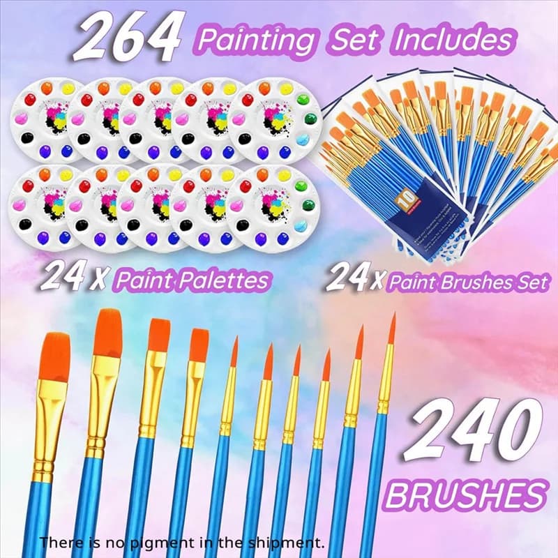 HLZS-264PCS Paint Brushes And Palettes Set,24Pack Of 240PCS Paint Brushes Bulk, 24 Paint Paint Trays, Artist Acrylic Brushes