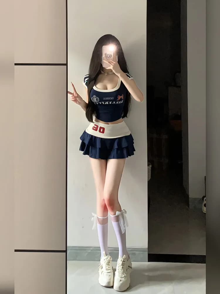 Slimming Effect American Retro Color Block Short Sleeve T-Shirt Top Women Summer Sexy A-Line Skirt Sportswear Set