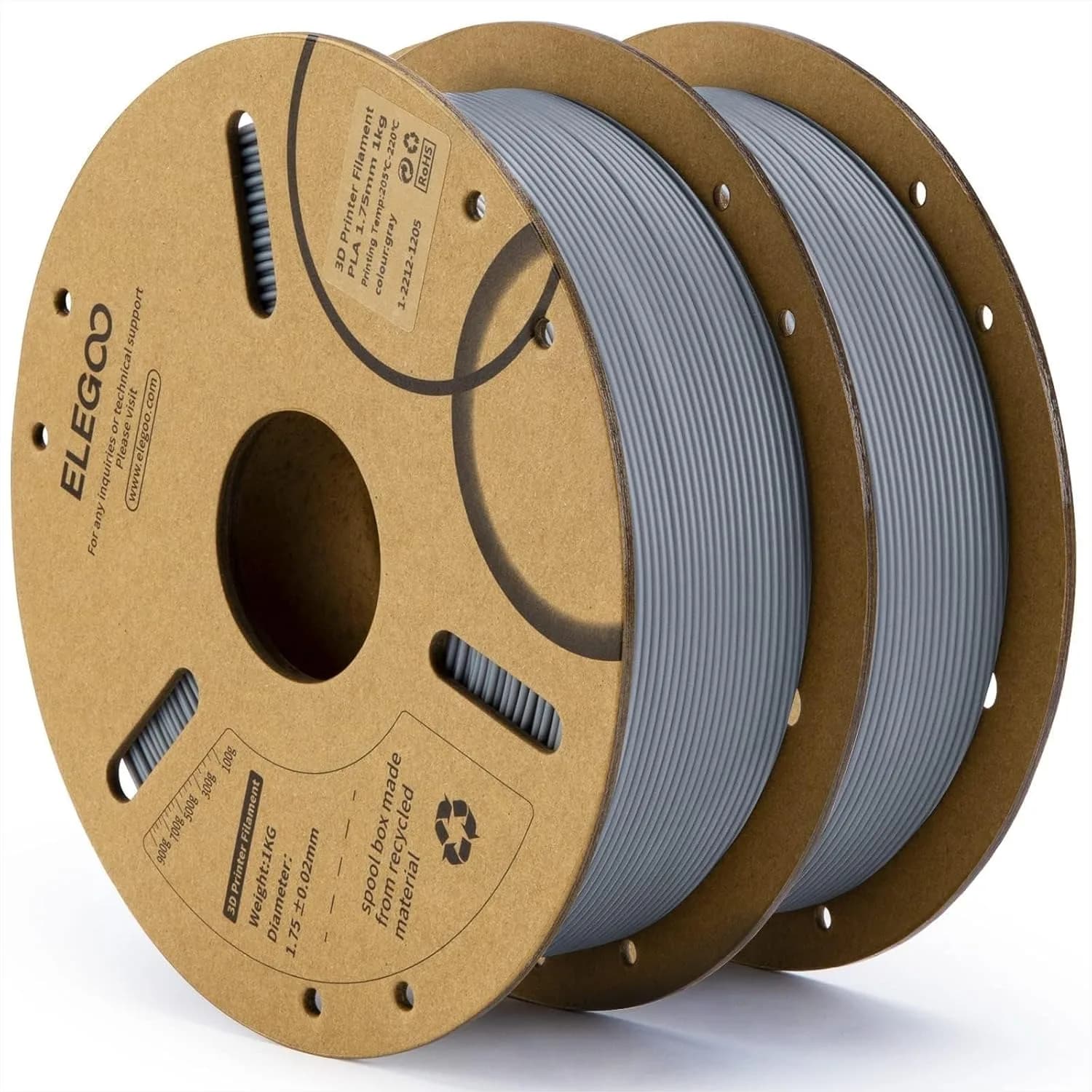 Filamento PLA 1.75mm Grigio 2KG, Filamento per Stampante 3D con Precisione Dimensionale +/-0.02mm, Confezione da 2 Bobine da 1kg per Stampanti FDM
