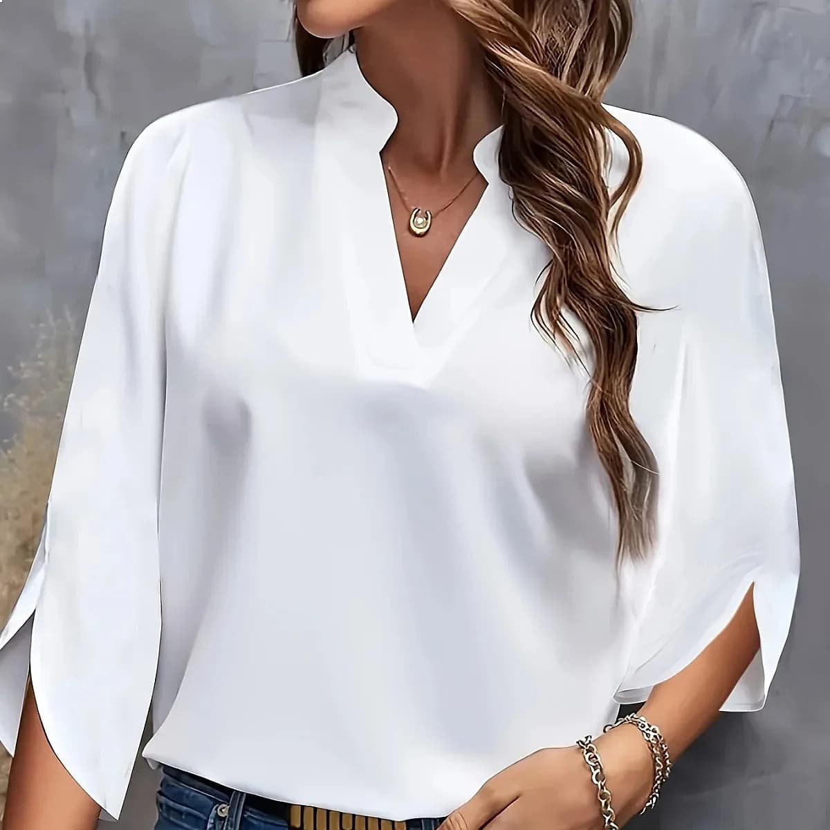 Plus Size Summer V-Neck Women's Blouses Solid Color Loose Short Sleeve Casual Elegant White Office Lady Tops