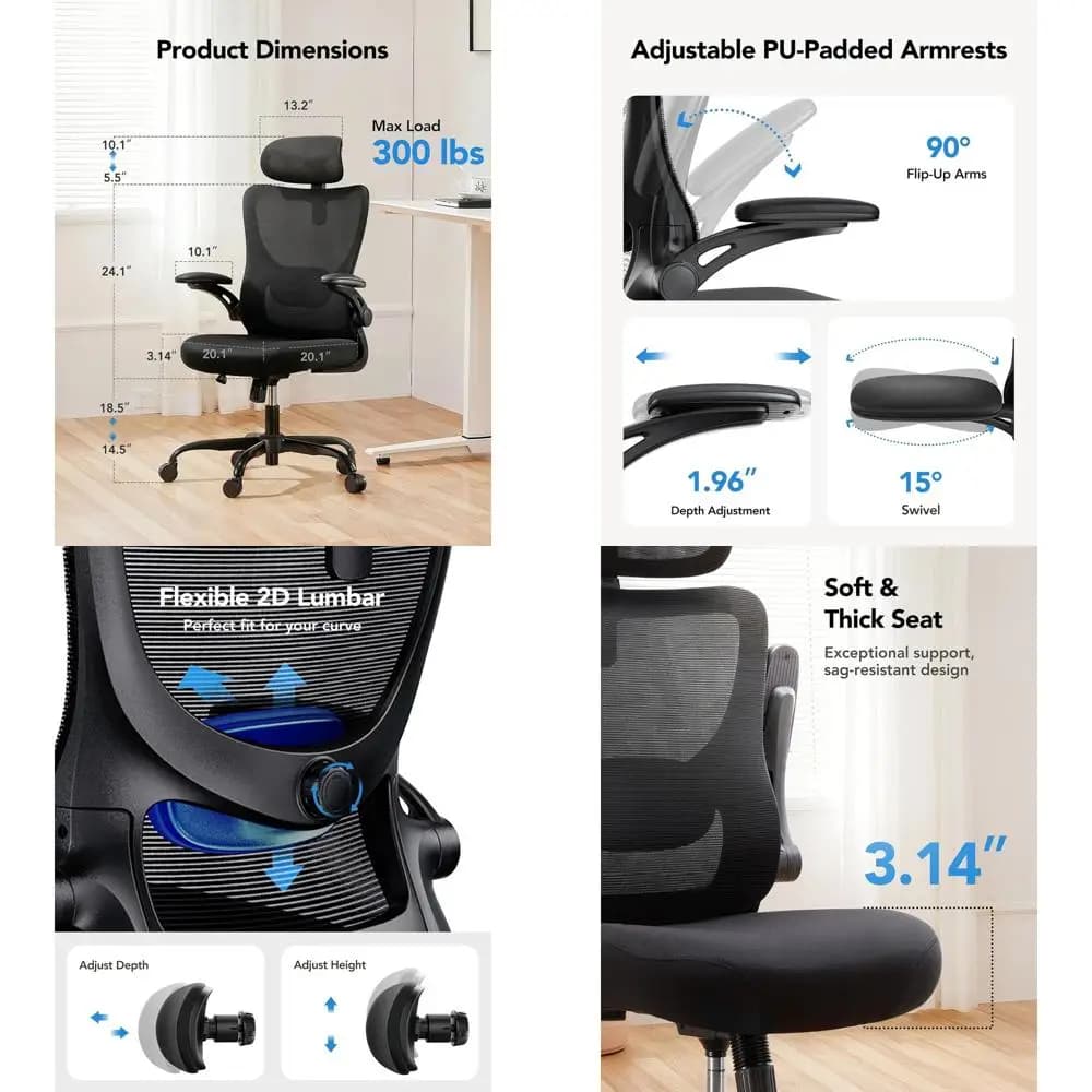 Sedia da Ufficio Ergonomica con Schienale Alto e Supporto Lombare Regolabile, Comoda Sedia da Gaming, Braccioli 3D, Sedia Girevole per Casa e Ufficio