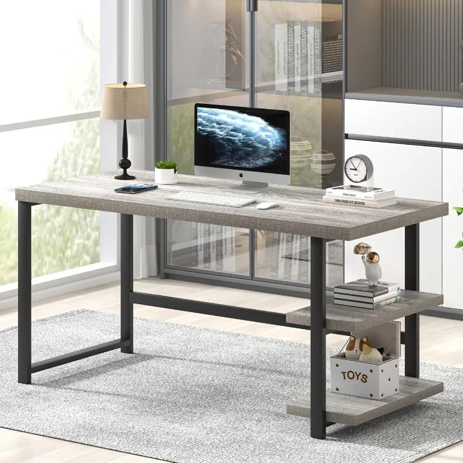 Scrivania moderna per computer con ripiani integrati per ufficio domestico o soggiorno Tavolo da studio con finitura in legno grigio chiaro Ideale per i giochi