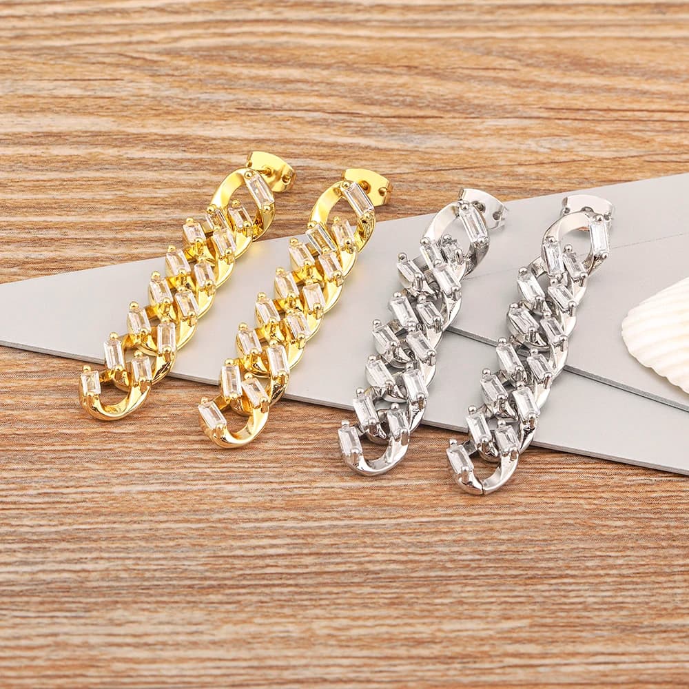 Nidin Fashionable Geometric Chain Pave Zircon Earrings For Women Sweet Personality Long Earrings Jewelry Party Gift