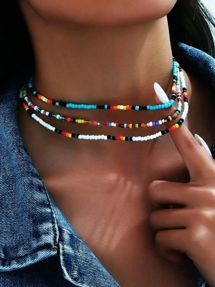 3pcs Summer Dopamine Color Beaded Necklace, Fashion Versatile Multi-Layer Faux Pearl Necklace For Women, Vacation & Beach Essent