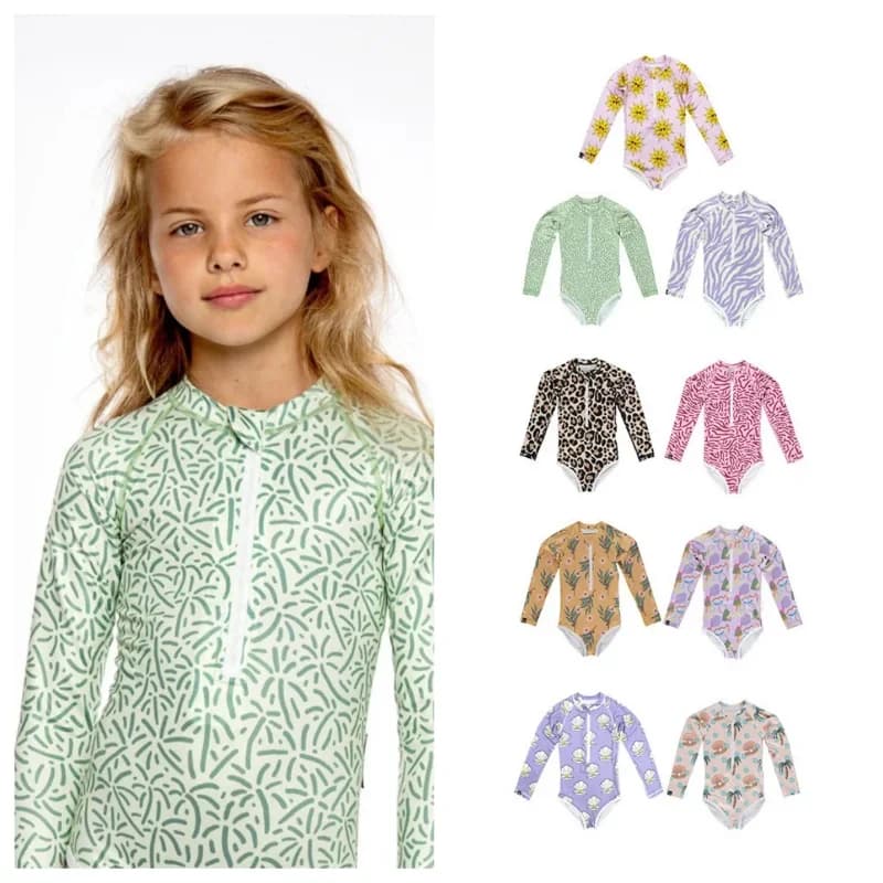 Children's Swimsuit Girl Long Sleeved Sunscreen Swimsuits One Piece Quick Drying Elastic Girls Swimwears Baby Swimwear Bikinis