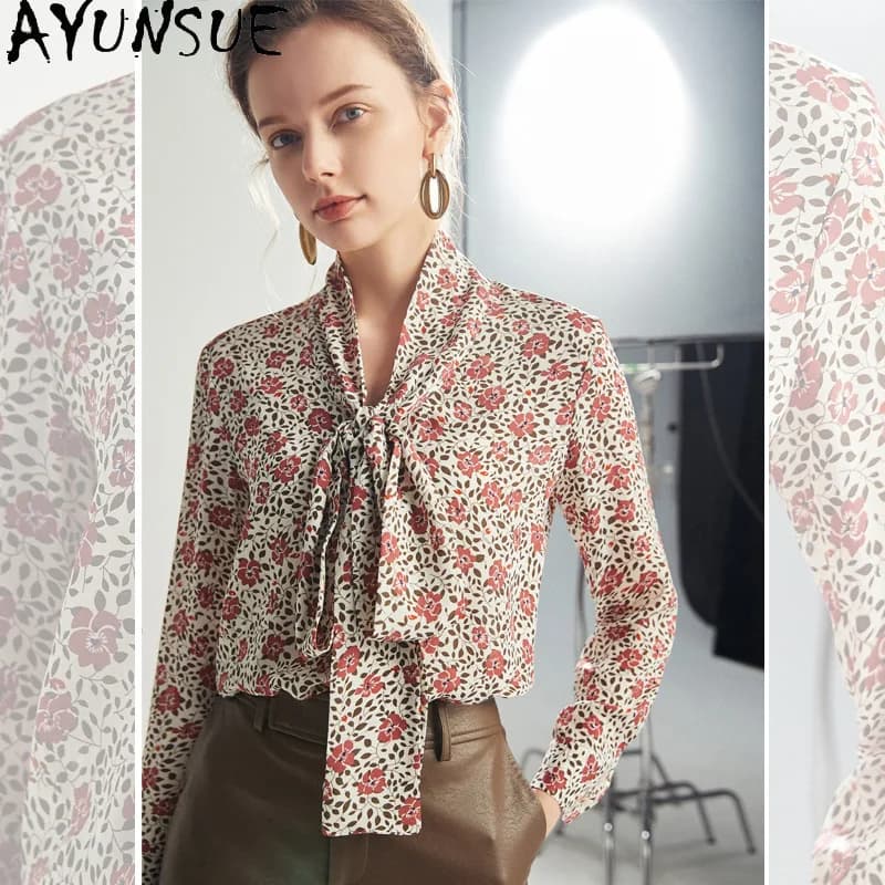 AYUNSUE Camicette e Camicie da Donna in Seta di Gelso 100% con Laccetti alla Francese a Maniche Lunghe, Top Floreali da Donna, Abbigliamento Femminile
