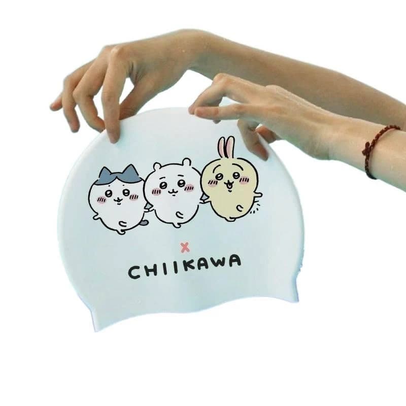 Chiikawa Anime Print Silicone Swim Cap Elastic Waterproof Swimming Hat Cute Cartoon Character Bathing Cap For Teens Fans