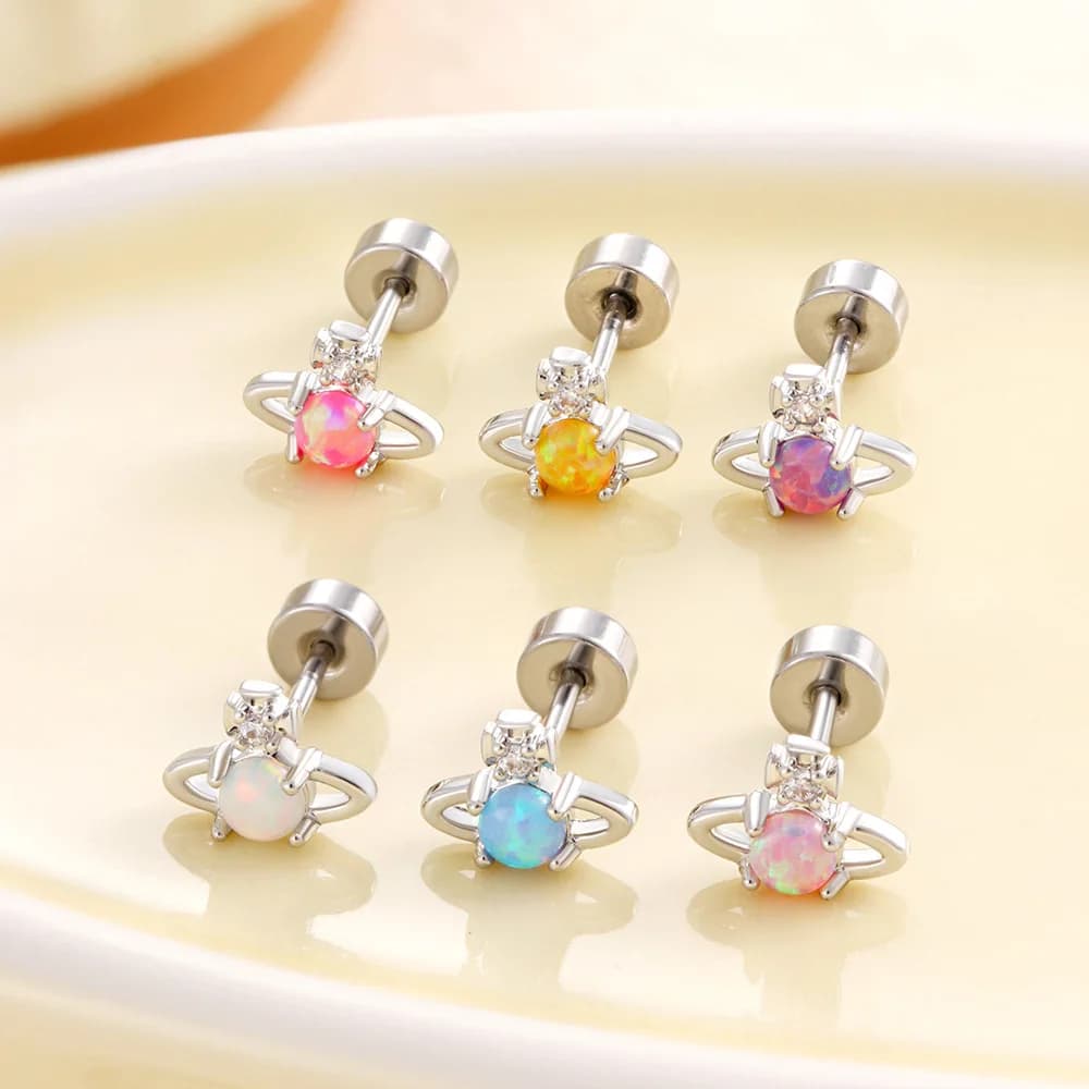 20G titanium pin earrings with opal, flat screw closure, for sensitive ears, cartilage, elice, shell, lobe