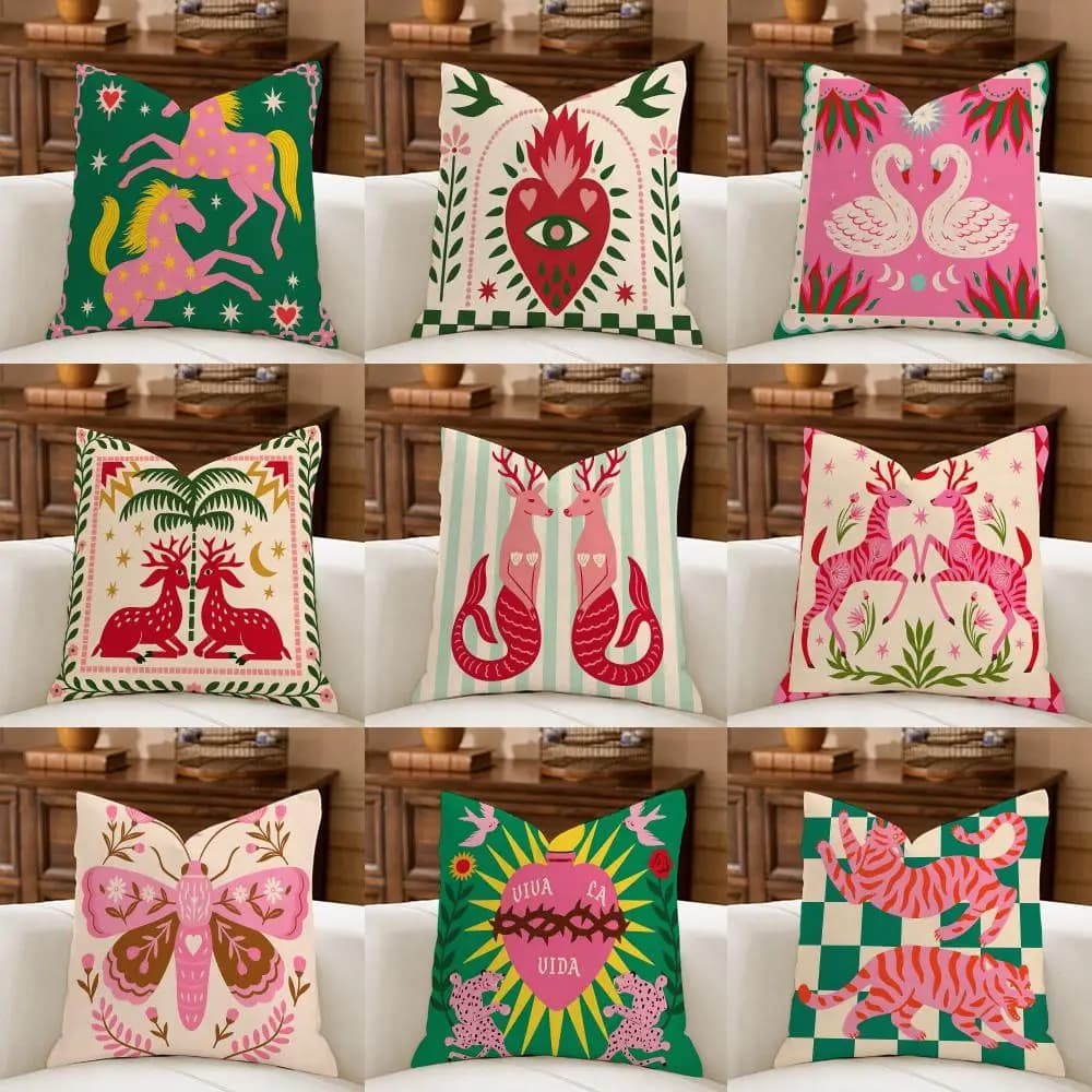 Green Pink Eclectic Animal Cushion Cover Natural Breathable Durable Linen Printed Decor Pillow Case Sofa Bedroom