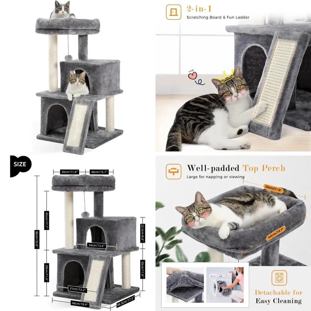 Torre per gatti multilivello da 34 pollici con doppi condotti, posatoi spaziosi, palo in sisal antigraffio completamente avvolto e legno di recupero