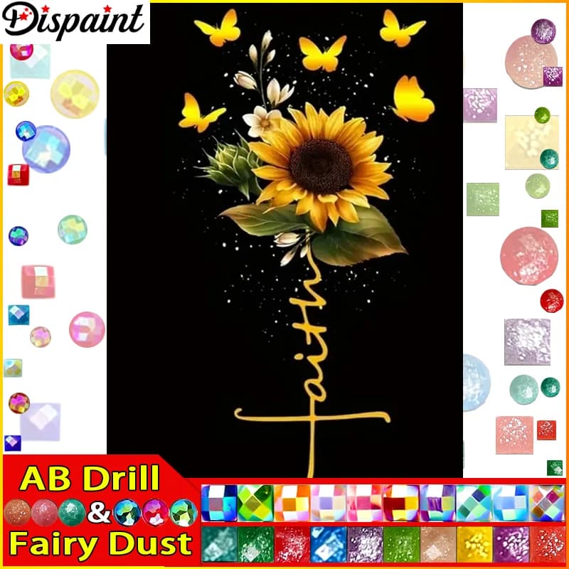 Dispaint Fairy Dust AB 5D DIY Diamond Painting "Sunflower Butterfly" Full Drill Resin Diamond Embroidery Cross Stitch Home Decor