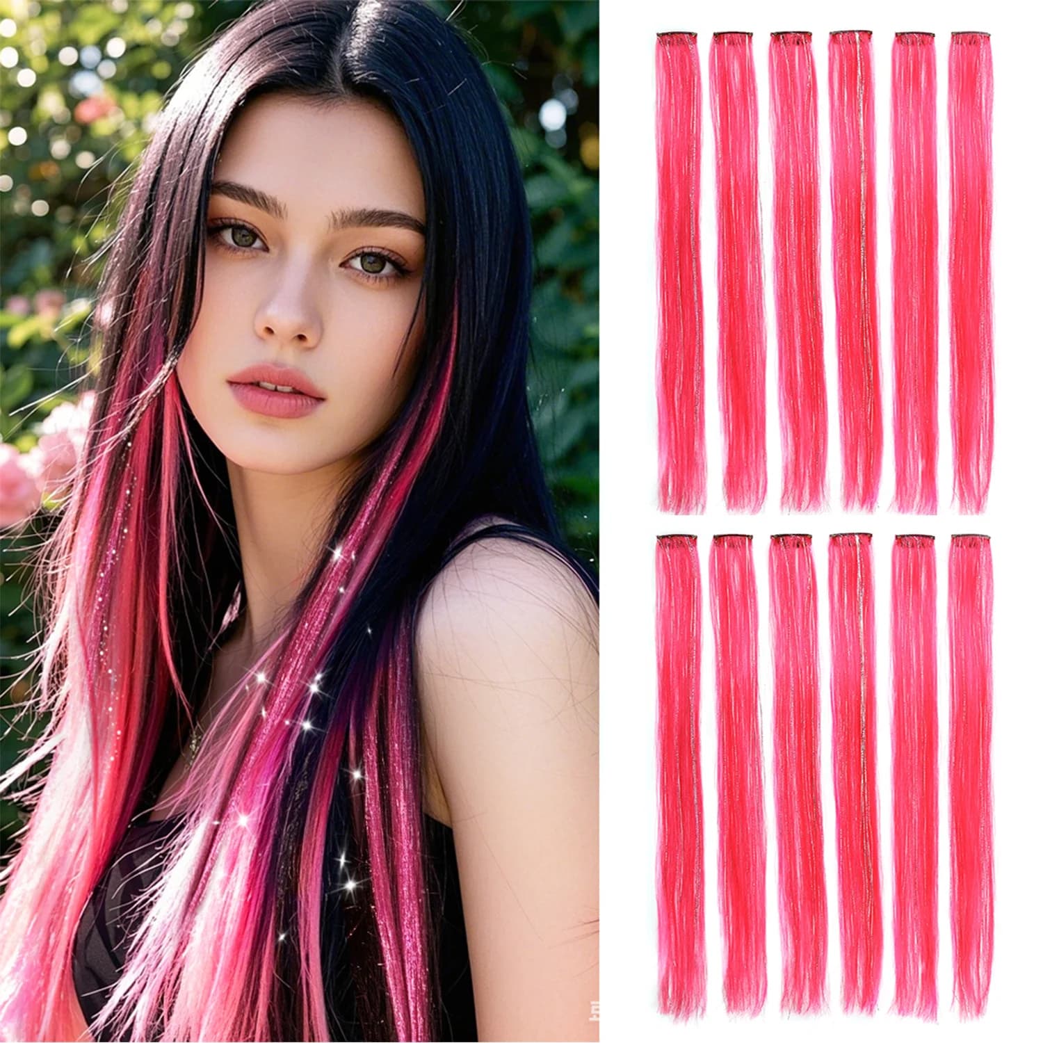12 extensions for pink hair shocking with clips for women and girls - Easy to wear colorful wigs for an instant style change