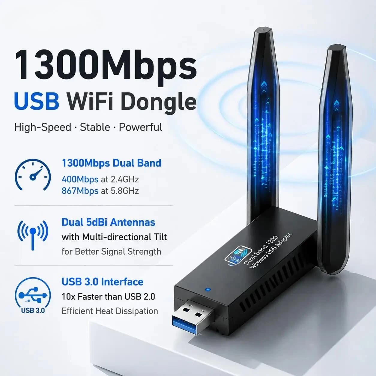 USB 3.0 WiFi Adapter 1300Mbps Dual Band 5GHz 2.4GHz High Gain Antenna Long Range Wireless Network Card for PC Laptop Desktop Windows 11 10 8 7 Vista XP Compatible with AC1300 802.11ac Internet Receiver