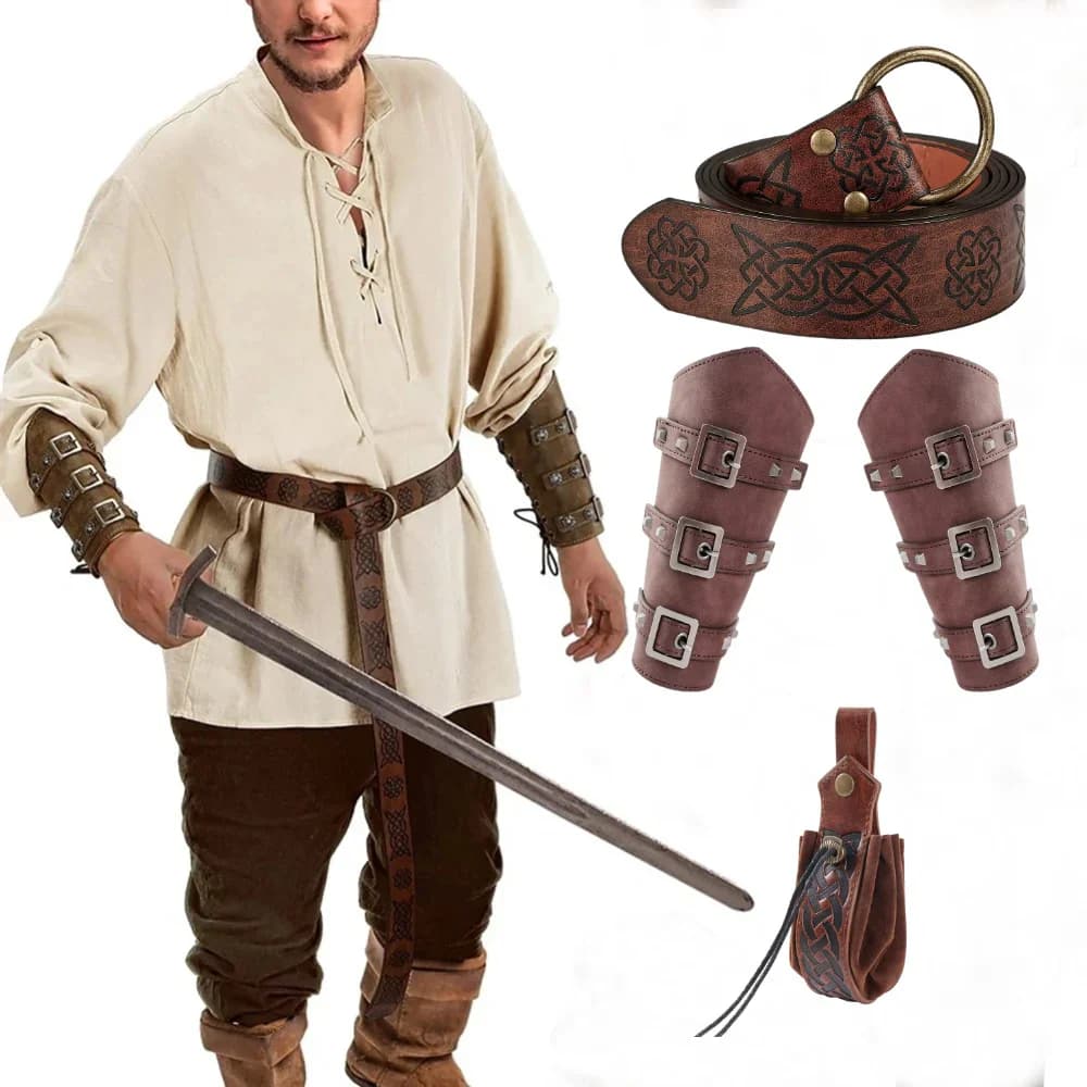 5 pcs set of Renaissance costumes men's medieval arm wrist belt Viking Halloween belt bag in eco-leather accessories cosplay LARP