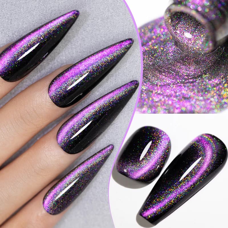 PUENTE 7.5ML Smalto Gel Magnetico Effetto Occhio di Gatto Rosa-Viola Scintillante, Effetto Olografico Arcobaleno, Soak Off UV per Nail Art